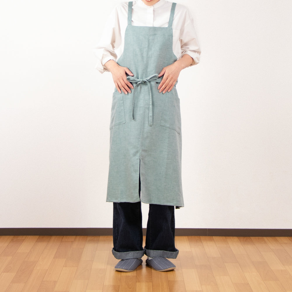 綿麻ヘリンボーン エプロン グリーン