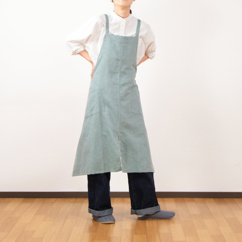 綿麻ヘリンボーン エプロン グリーン