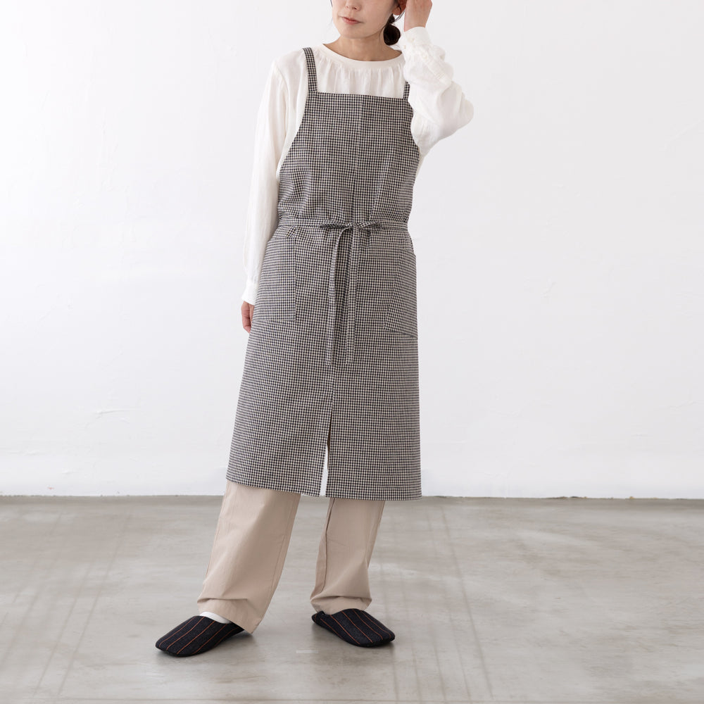 綿麻ギンガムチェックエプロン　セピア