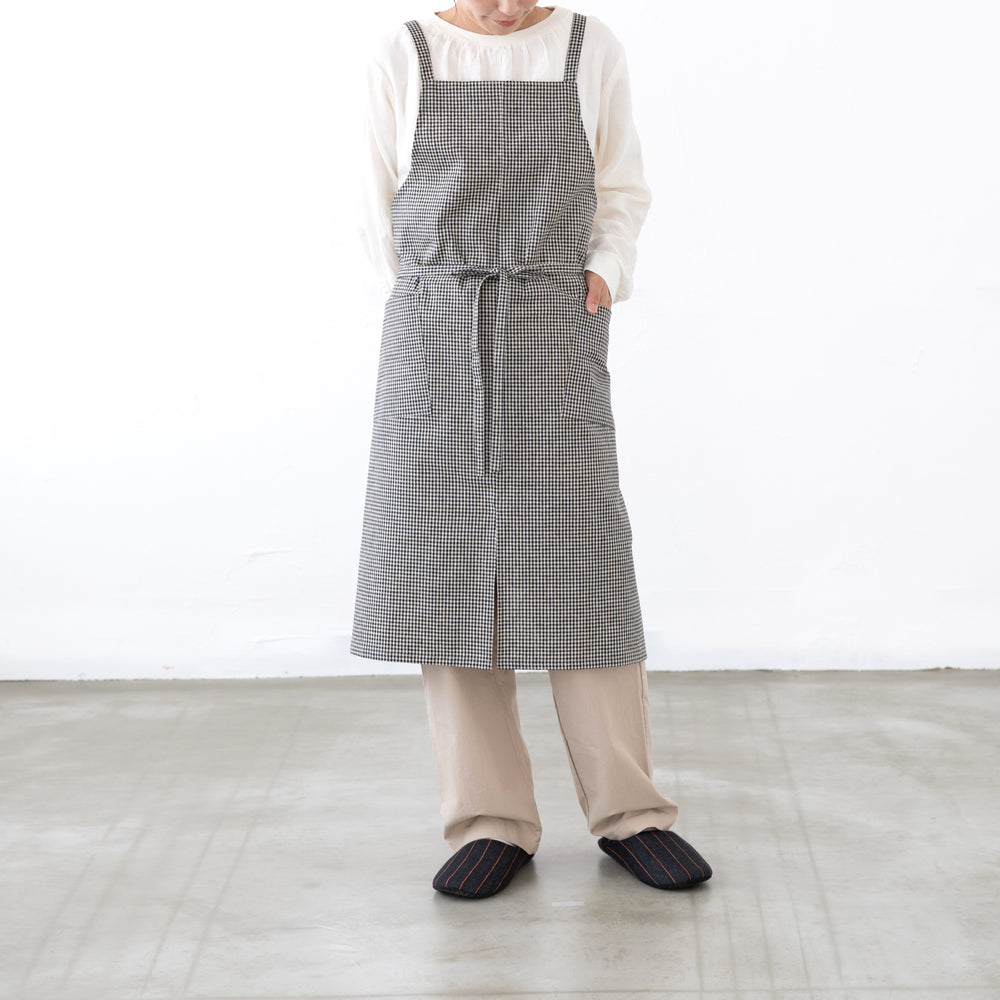 綿麻ギンガムチェックエプロン　セピア