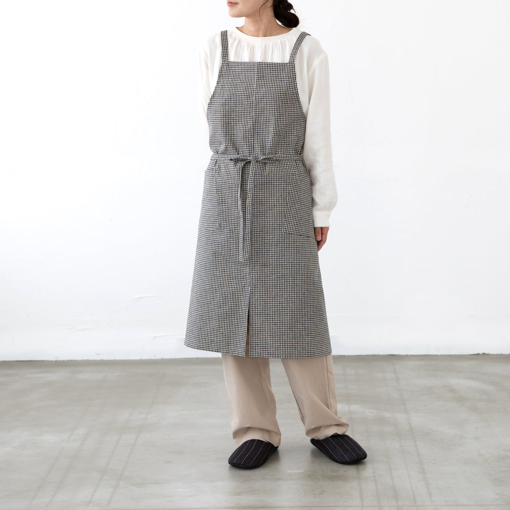綿麻ギンガムチェックエプロン　セピア