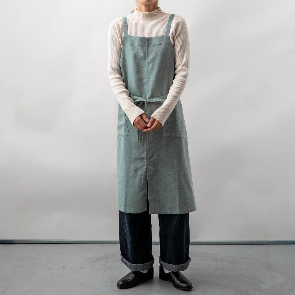 綿麻ヘリンボーン エプロン グリーン