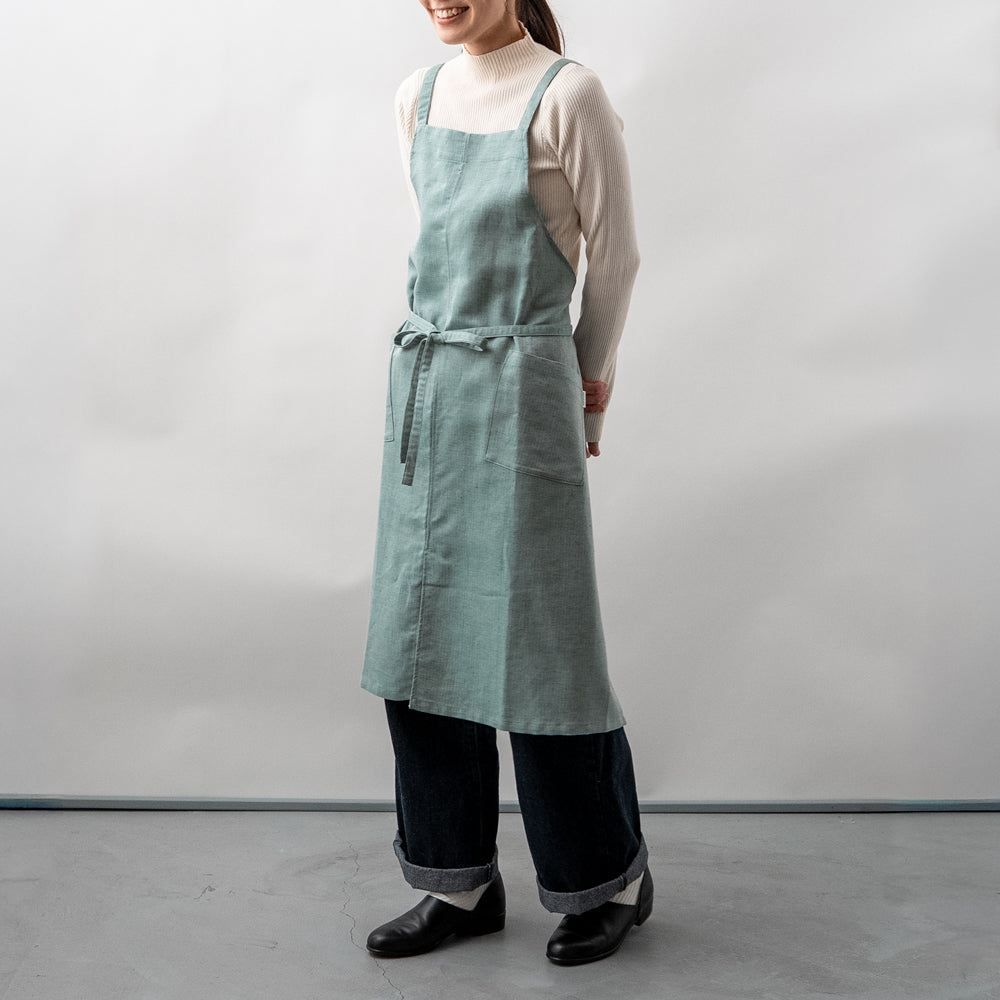 綿麻ヘリンボーン エプロン グリーン
