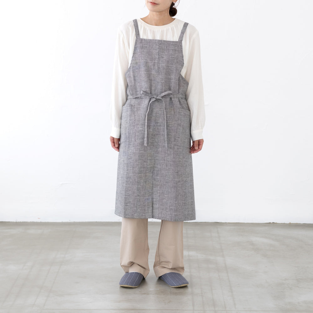綿麻グレンチェックエプロン セピア