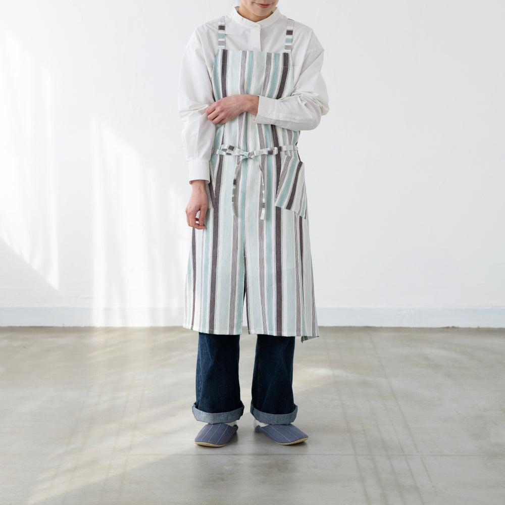 綿麻マルチストライプエプロン ウグイス