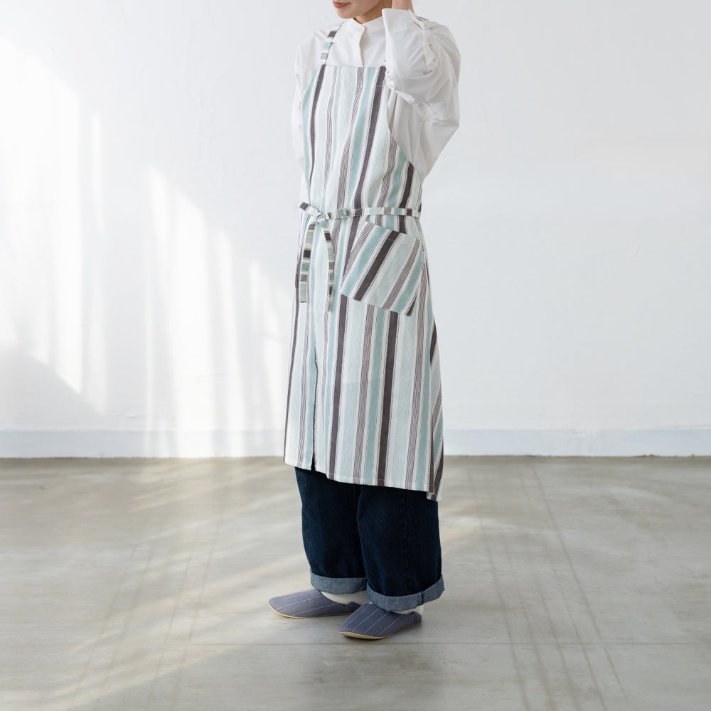 綿麻マルチストライプエプロン ウグイス