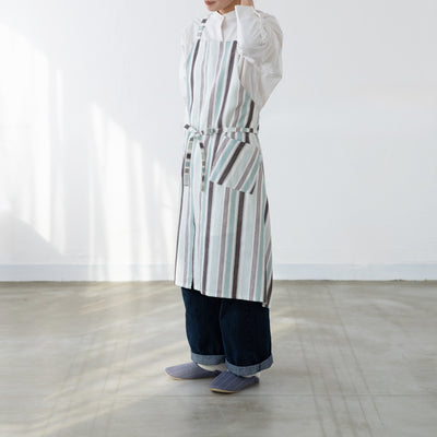 綿麻マルチストライプエプロン ウグイス