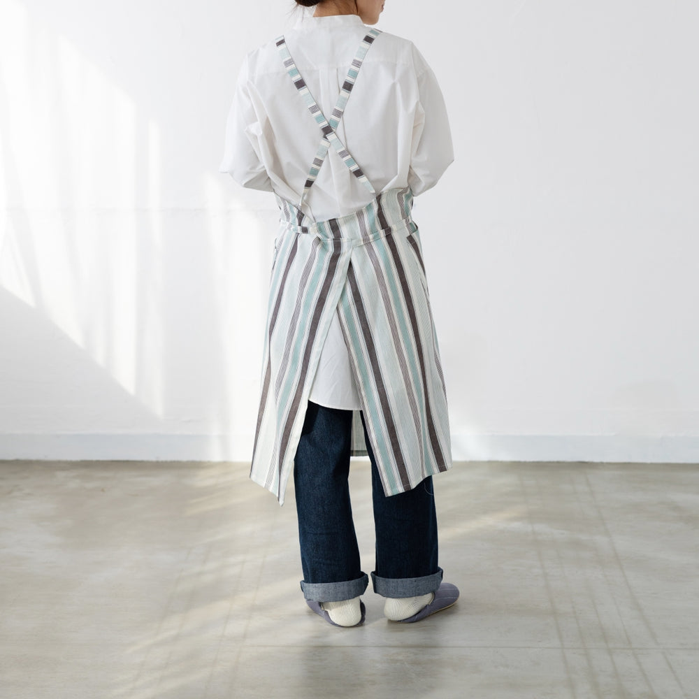 綿麻マルチストライプエプロン ウグイス