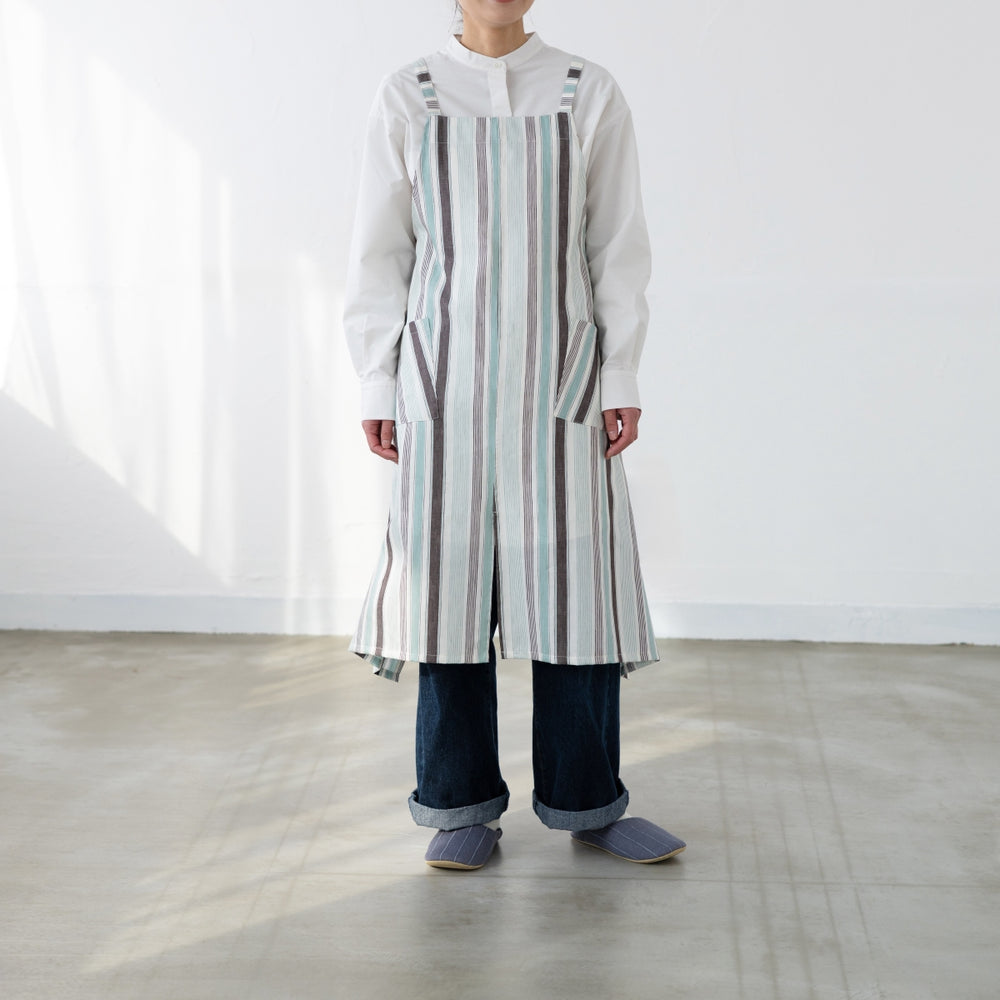 綿麻マルチストライプエプロン ウグイス