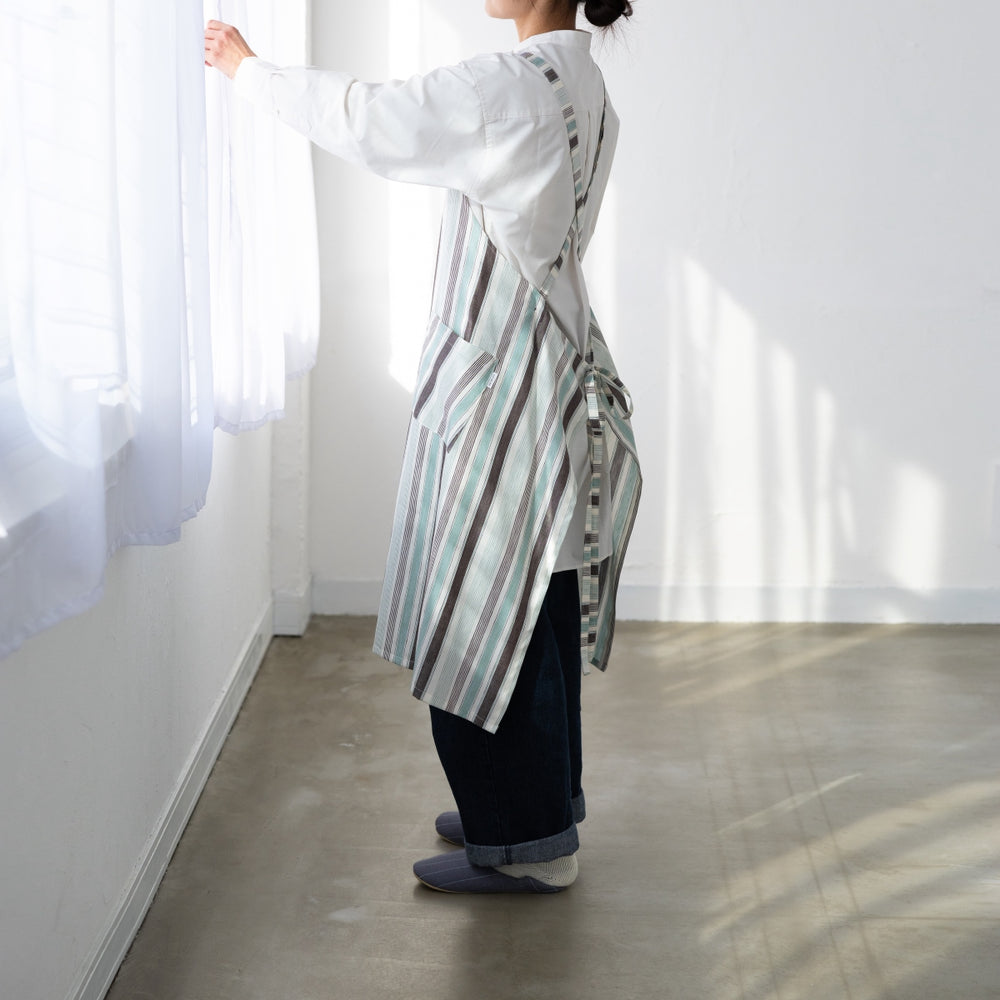 綿麻マルチストライプエプロン ウグイス