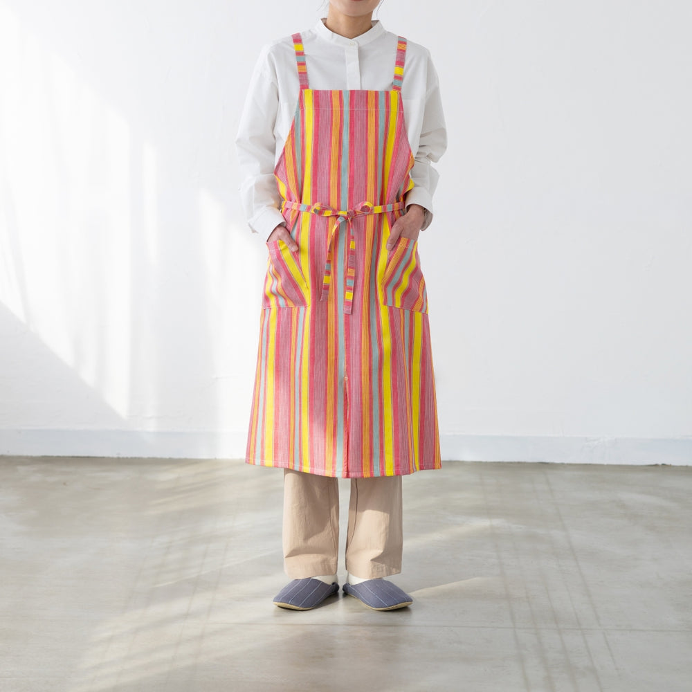 綿麻マルチストライプエプロン レッド