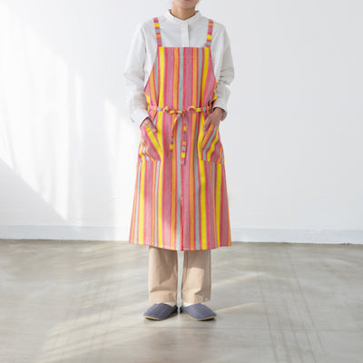綿麻マルチストライプエプロン レッド