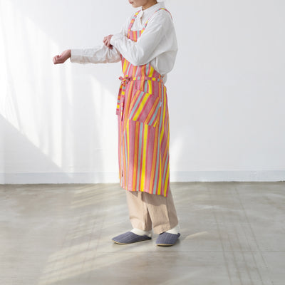 綿麻マルチストライプエプロン レッド