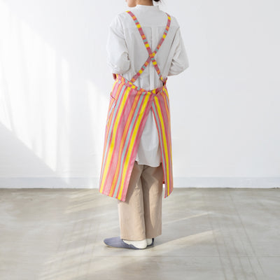 綿麻マルチストライプエプロン レッド