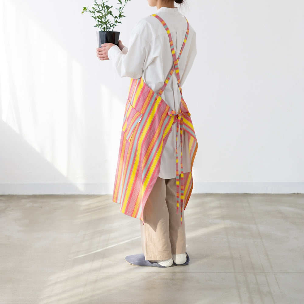 綿麻マルチストライプエプロン レッド