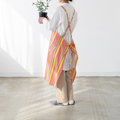 綿麻マルチストライプエプロン レッド