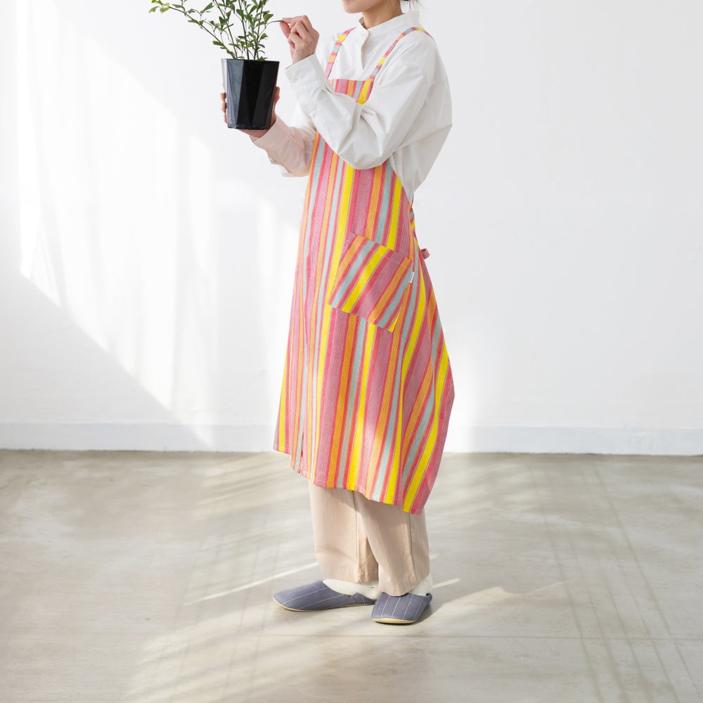 綿麻マルチストライプエプロン レッド