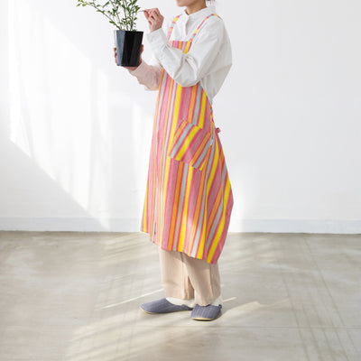 綿麻マルチストライプエプロン レッド