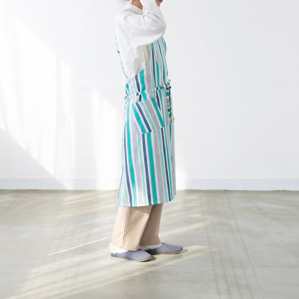 綿麻マルチストライプエプロン グリーン
