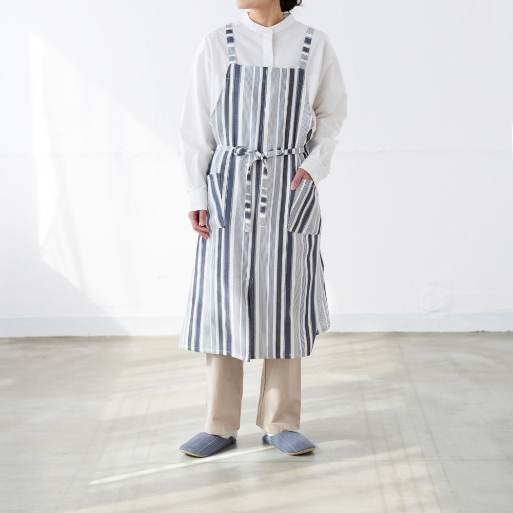 綿麻マルチストライプエプロン ブラック