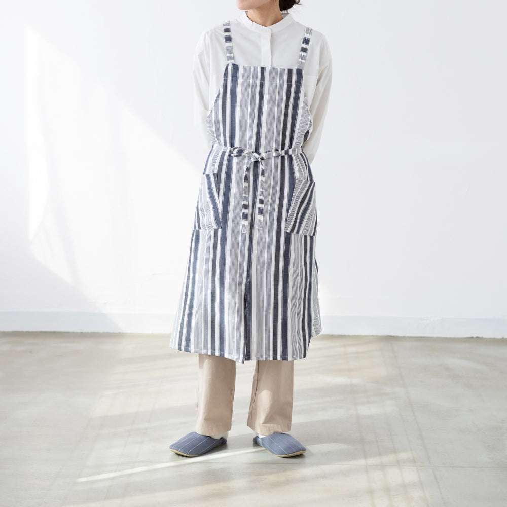 綿麻マルチストライプエプロン ブラック