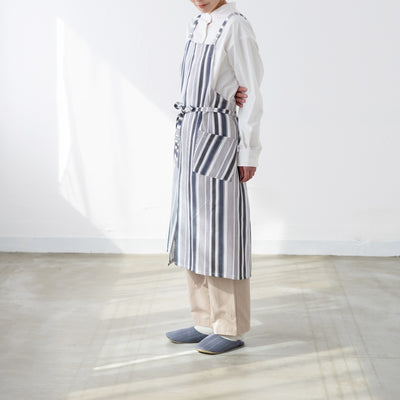 綿麻マルチストライプエプロン ブラック