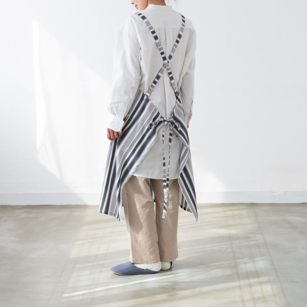 綿麻マルチストライプエプロン ブラック