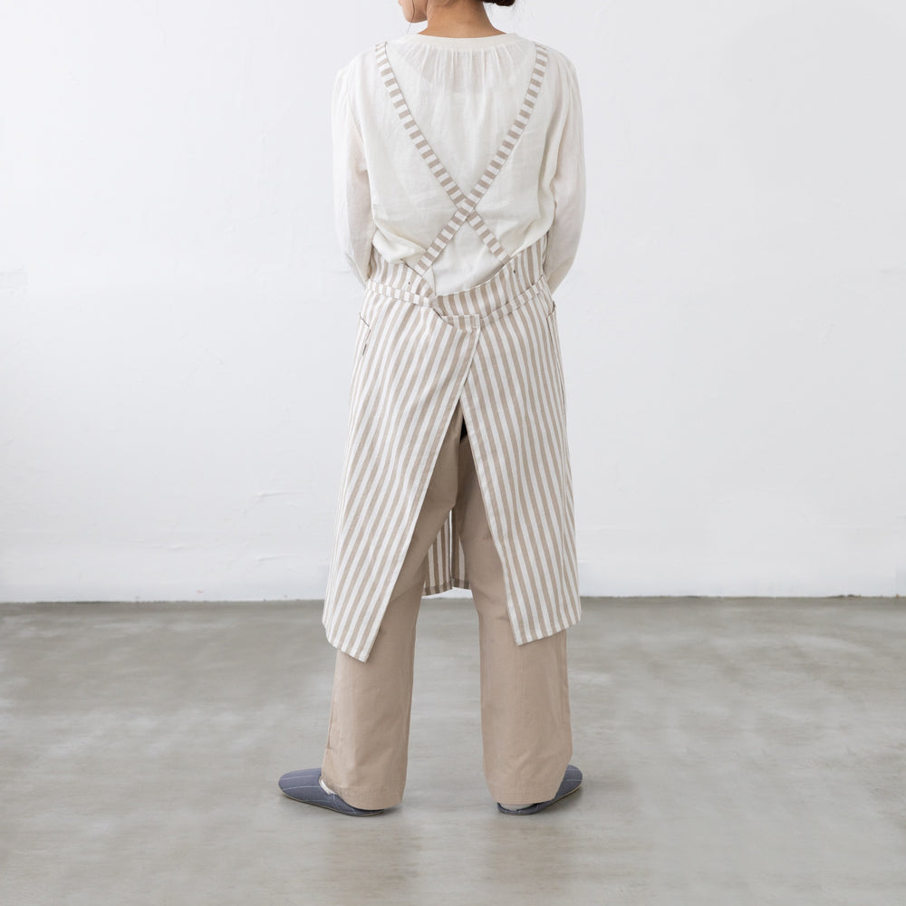 綿オックスストライプエプロン　ベージュ