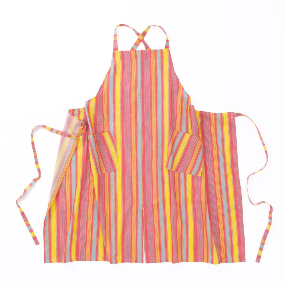 綿麻マルチストライプエプロン レッド