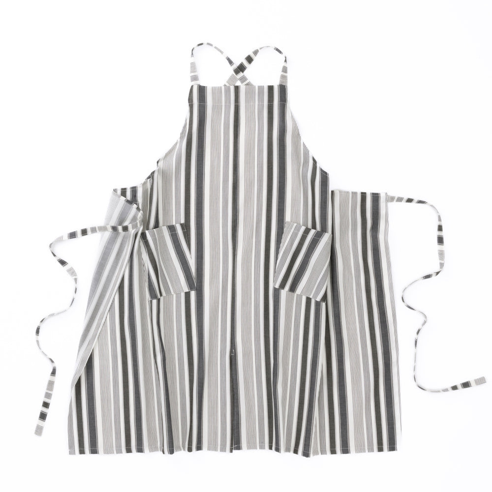 綿麻マルチストライプエプロン ブラック