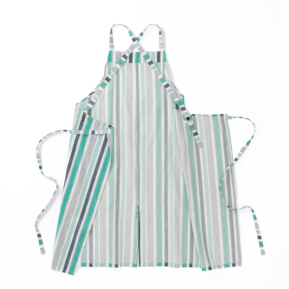 綿麻マルチストライプエプロン グリーン