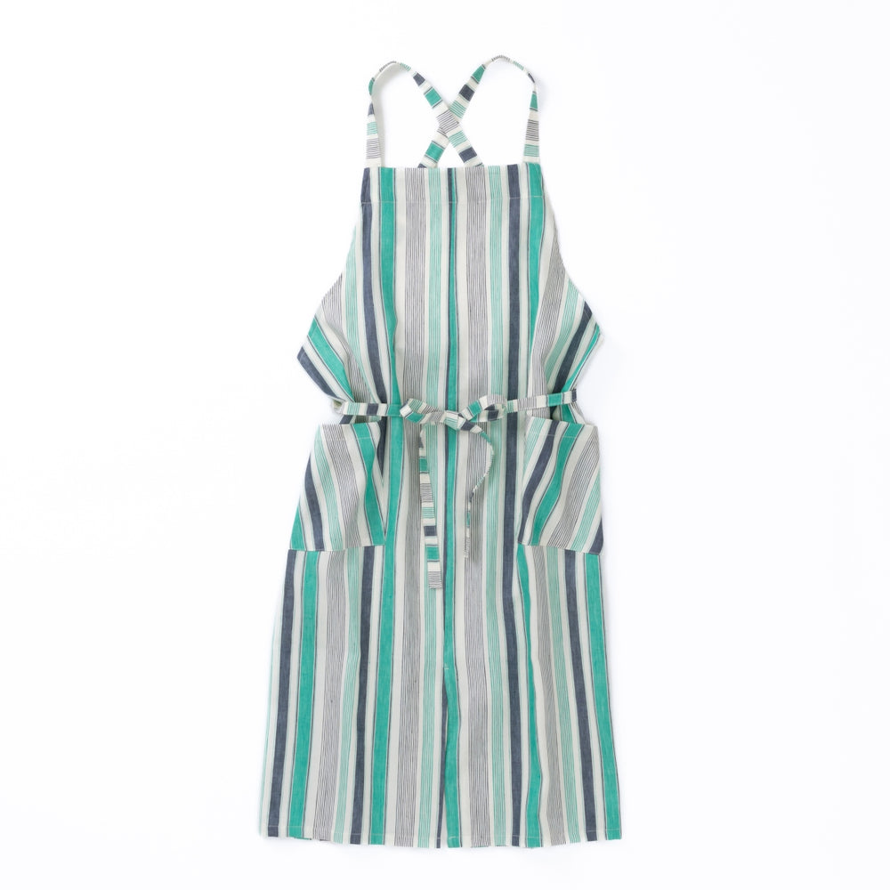 綿麻マルチストライプエプロン グリーン