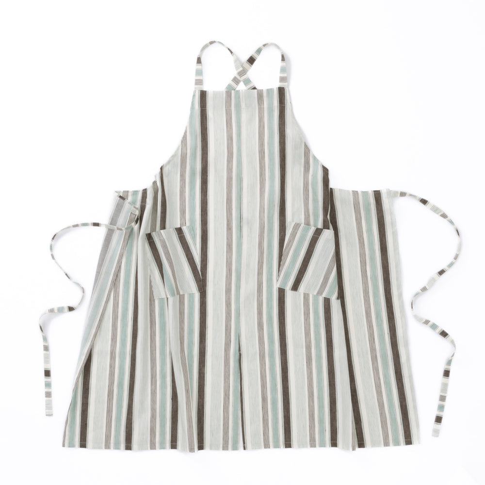 綿麻マルチストライプエプロン ウグイス