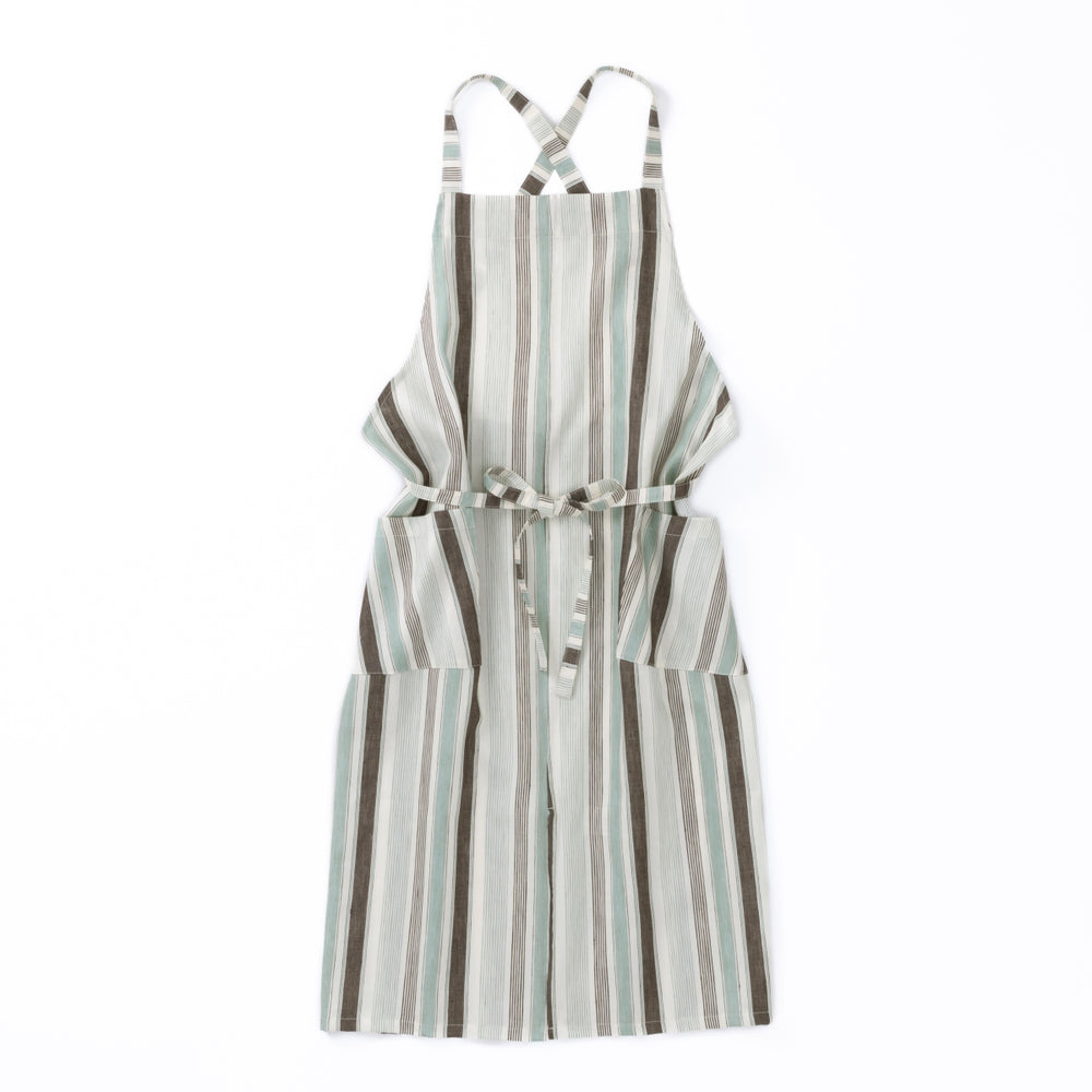 綿麻マルチストライプエプロン ウグイス