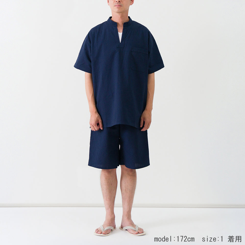 STUNNING LURE - ACLER 2019 AW サテンベルト付きシャツ　ネイビー　新品 seer sucker ハーフスリーブスシャツ(ネイビー) (素材：綿62